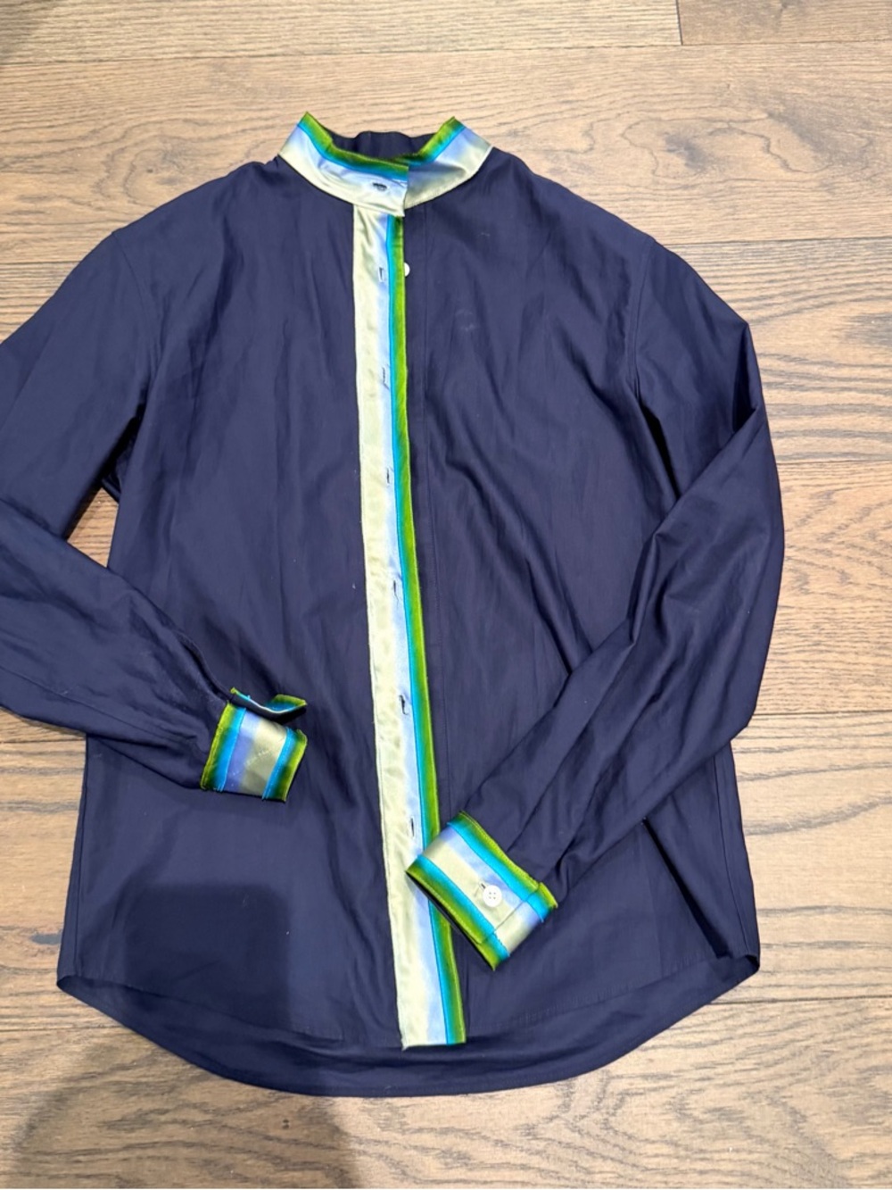 Rosie Assoulin Navy Shirt Jacket with Green and Light Blue Trim